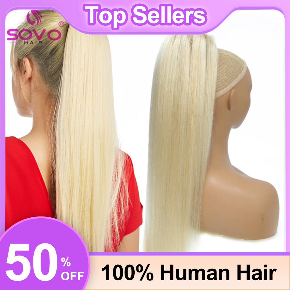 Seamless Clip In Hair Extensions Human Hair - SOVO, cola de caballo con cordón,
