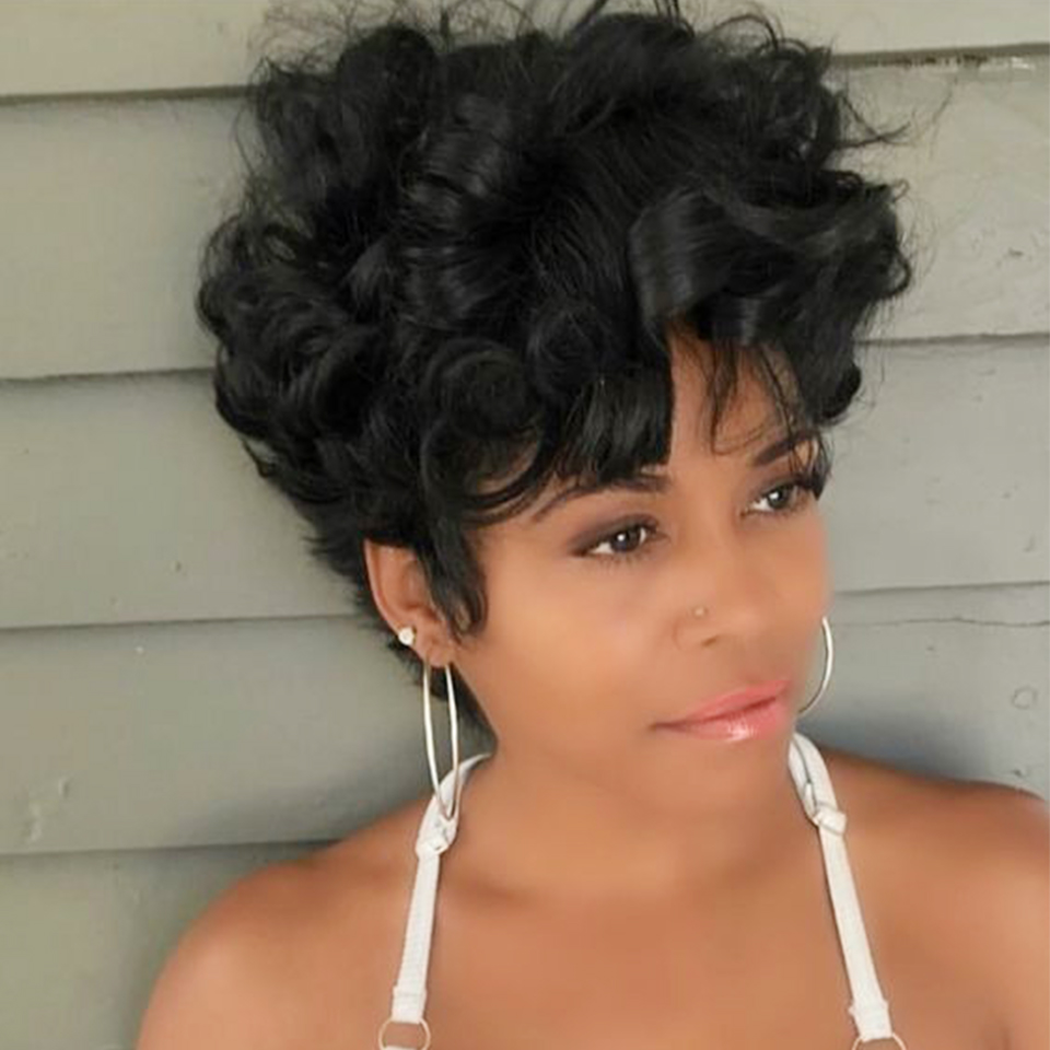 Short Pixie Cut Wig Human Hair Cheap - Peluca ondulada Natural hinchable, cabello humano,