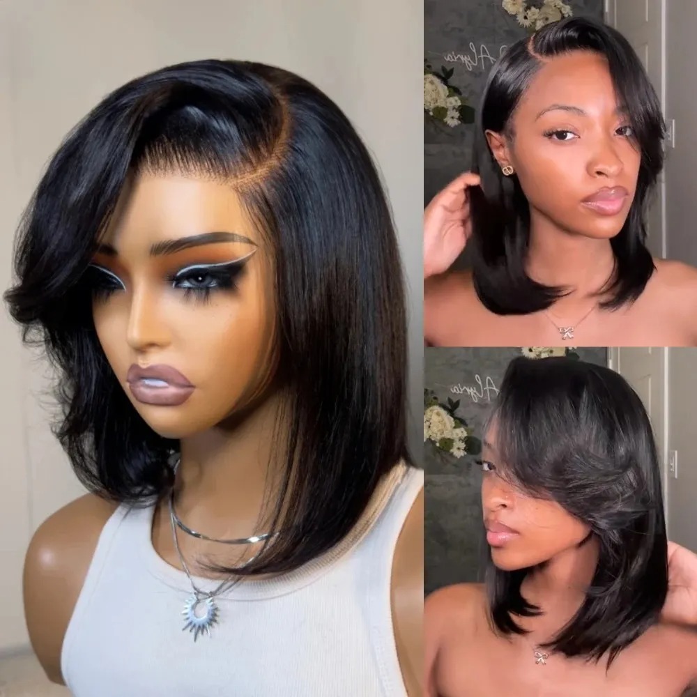 Peluca corta negra lisa con fl - Pre Parted 13X4 Lace Front Bob Wig reseña y precio