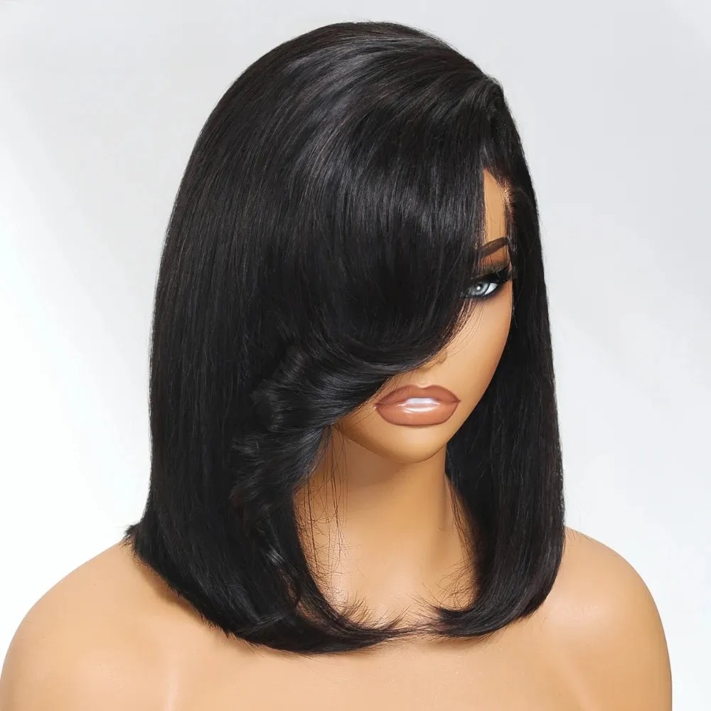 Peluca corta negra lisa con fl - Pre Parted 13X4 Lace Front Bob Wig reseña y precio